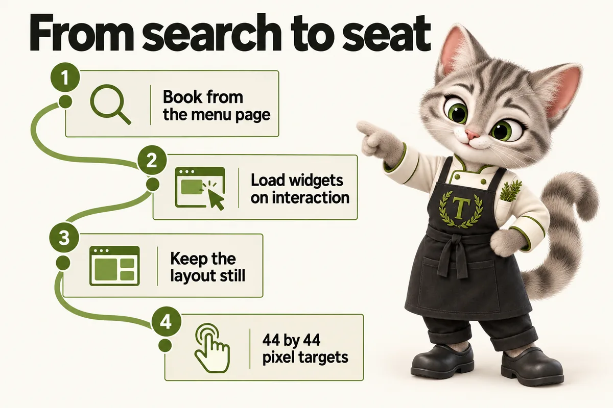 Infographic with Tansy, the MenuWebStudio kitten mascot: From search to seat. Book from the menu page; Load widgets on interaction; Keep the layout still; 44 by 44 pixel targets.