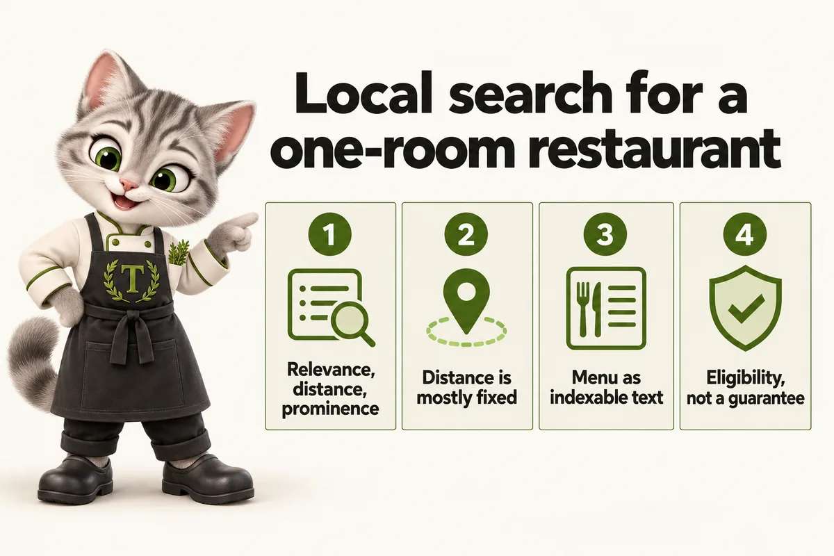 Infographic with Tansy, the MenuWebStudio kitten mascot: Local search for a one-room restaurant. Relevance, distance, prominence; Distance is mostly fixed; Menu as indexable text; Eligibility, not a guarantee.