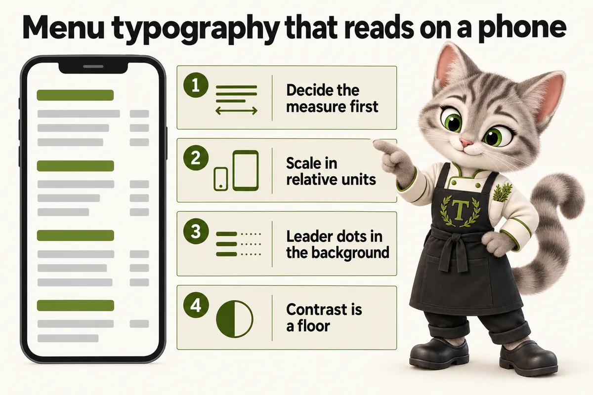 Infographic with Tansy, the MenuWebStudio kitten mascot: Menu typography that reads on a phone. Decide the measure first; Scale in relative units; Leader dots in the background; Contrast is a floor.