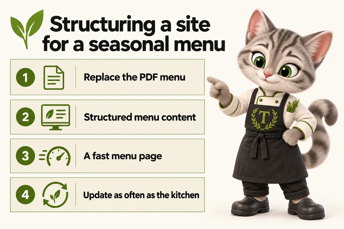 Infographic with Tansy, the MenuWebStudio kitten mascot: Structuring a site for a seasonal menu. Replace the PDF menu; Structured menu content; A fast menu page; Update as often as the kitchen.