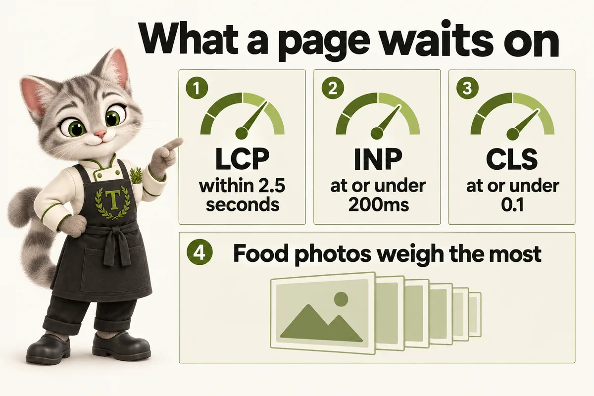 Infographic with Tansy, the MenuWebStudio kitten mascot: What a page waits on. LCP within 2.5 seconds; INP at or under 200ms; CLS at or under 0.1; Food photos weigh the most.