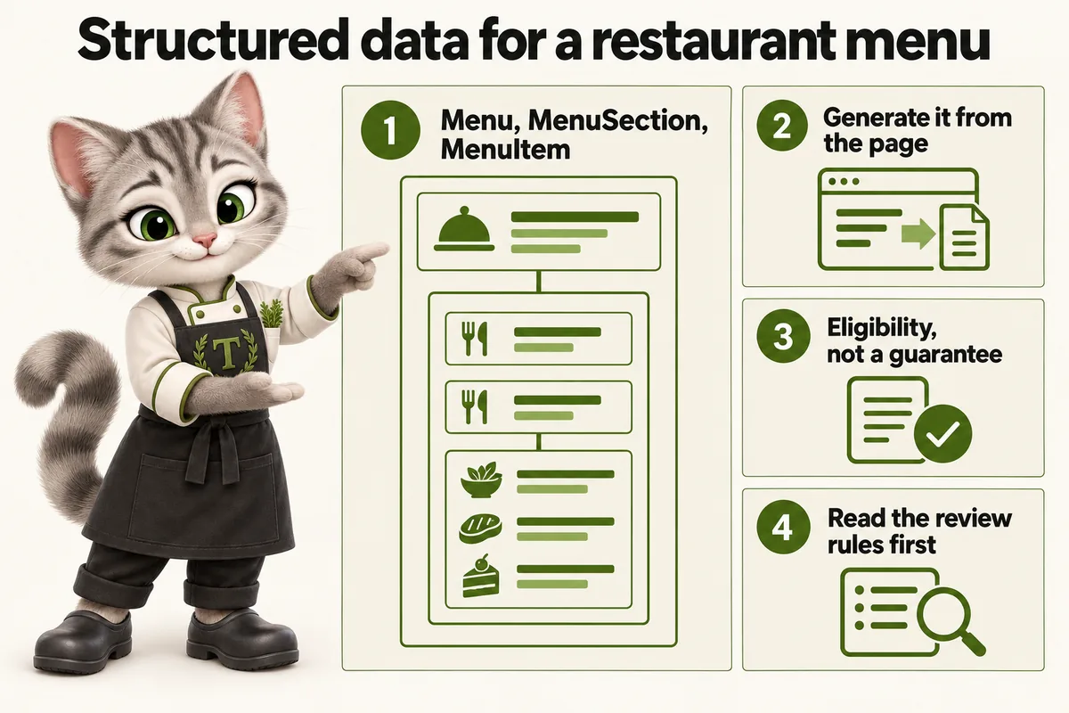 Infographic with Tansy, the MenuWebStudio kitten mascot: Structured data for a restaurant menu. Menu, MenuSection, MenuItem; Generate it from the page; Eligibility, not a guarantee; Read the review rules first.