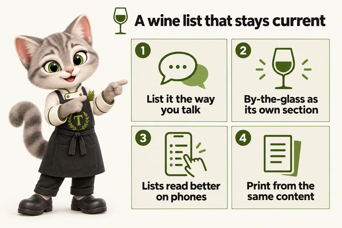 Infographic with Tansy, the MenuWebStudio kitten mascot: A wine list that stays current. List it the way you talk; By-the-glass as its own section; Lists read better on phones; Print from the same content.