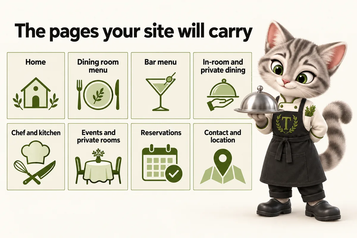 Infographic with Tansy, the MenuWebStudio kitten mascot: The pages your site will carry. Home; Dining room menu; Bar menu; In-room and private dining; Chef and kitchen; Events and private rooms; Reservations; Contact and location.
