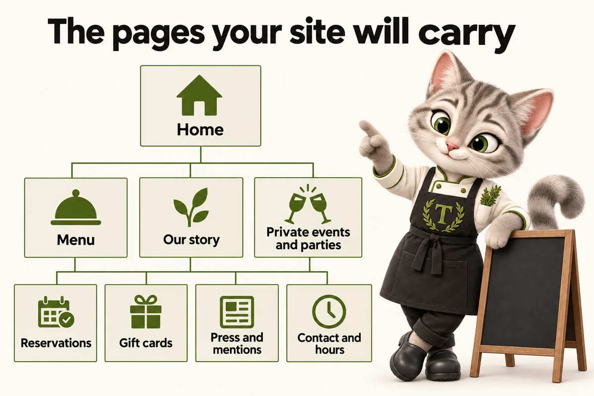 Infographic with Tansy, the MenuWebStudio kitten mascot: The pages your site will carry. Home; Menu; Our story; Private events and parties; Reservations; Gift cards; Press and mentions; Contact and hours.