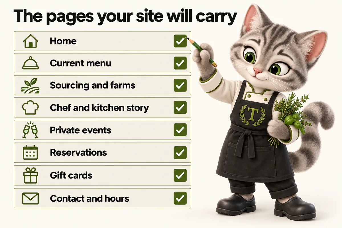 Infographic with Tansy, the MenuWebStudio kitten mascot: The pages your site will carry. Home; Current menu; Sourcing and farms; Chef and kitchen story; Private events; Reservations; Gift cards; Contact and hours.