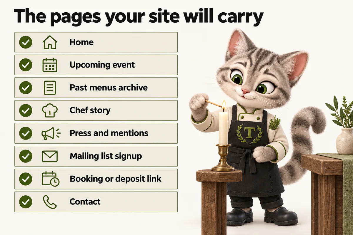 Infographic with Tansy, the MenuWebStudio kitten mascot: The pages your site will carry. Home; Upcoming event; Past menus archive; Chef story; Press and mentions; Mailing list signup; Booking or deposit link; Contact.