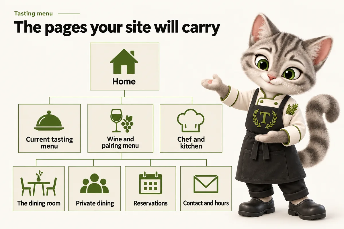 Infographic with Tansy, the MenuWebStudio kitten mascot: The pages your site will carry. Home; Current tasting menu; Wine and pairing menu; Chef and kitchen; The dining room; Private dining; Reservations; Contact and hours.
