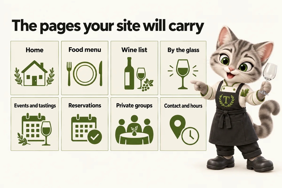 Infographic with Tansy, the MenuWebStudio kitten mascot: The pages your site will carry. Home; Food menu; Wine list; By the glass; Events and tastings; Reservations; Private groups; Contact and hours.