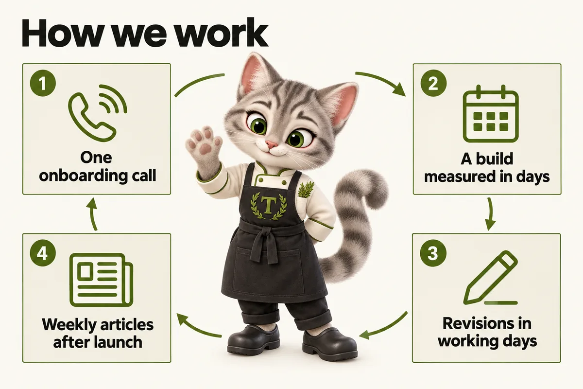 Infographic with Tansy, the MenuWebStudio kitten mascot: How we work. One onboarding call; A build measured in days; Revisions in working days; Weekly articles after launch.