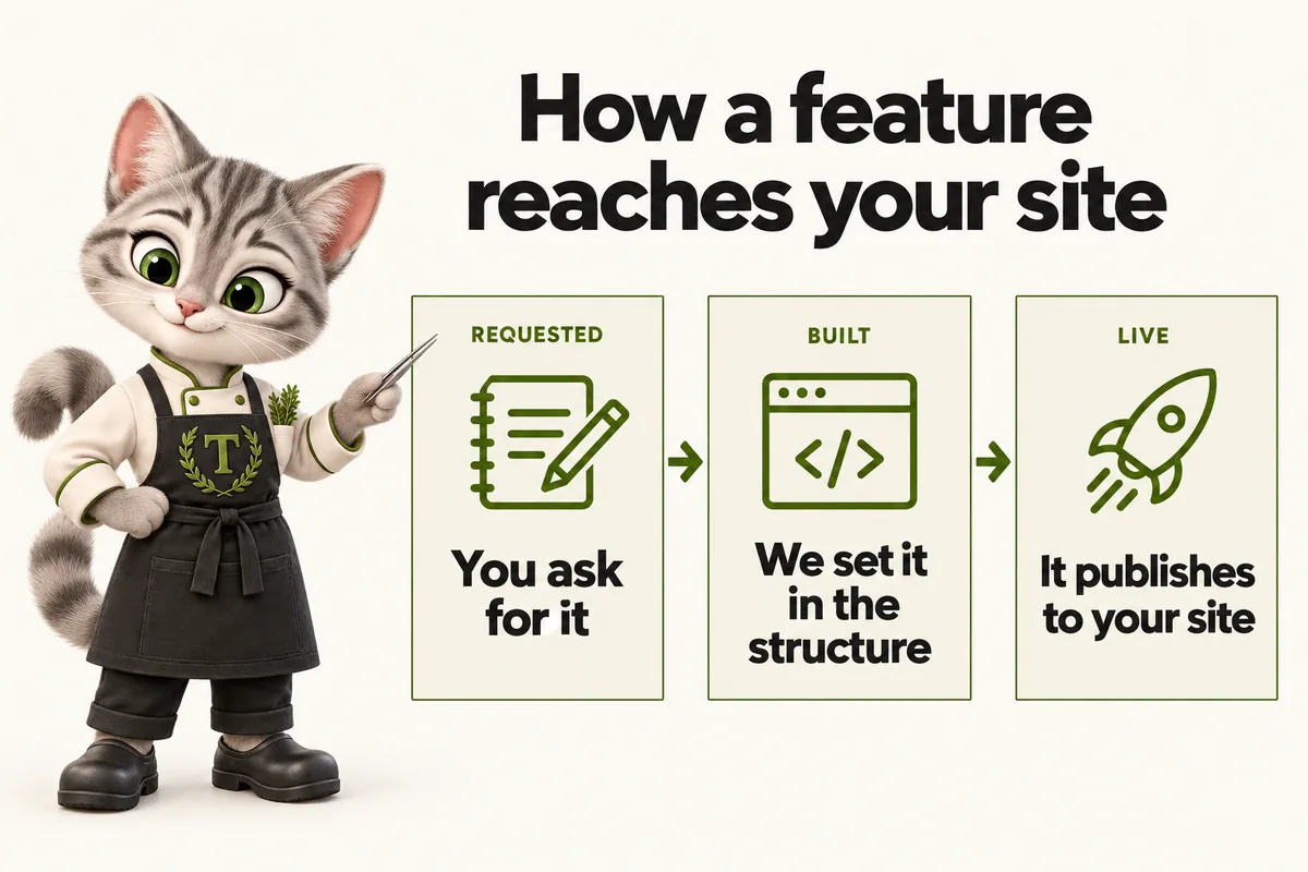 Infographic with Tansy, the MenuWebStudio kitten mascot: How a feature reaches your site. REQUESTED; You ask for it; BUILT; We set it in the structure; LIVE; It publishes to your site.