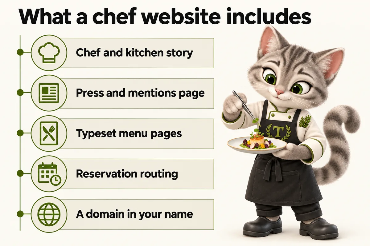 Infographic with Tansy, the MenuWebStudio kitten mascot: What a chef website includes. Chef and kitchen story; Press and mentions page; Typeset menu pages; Reservation routing; A domain in your name.