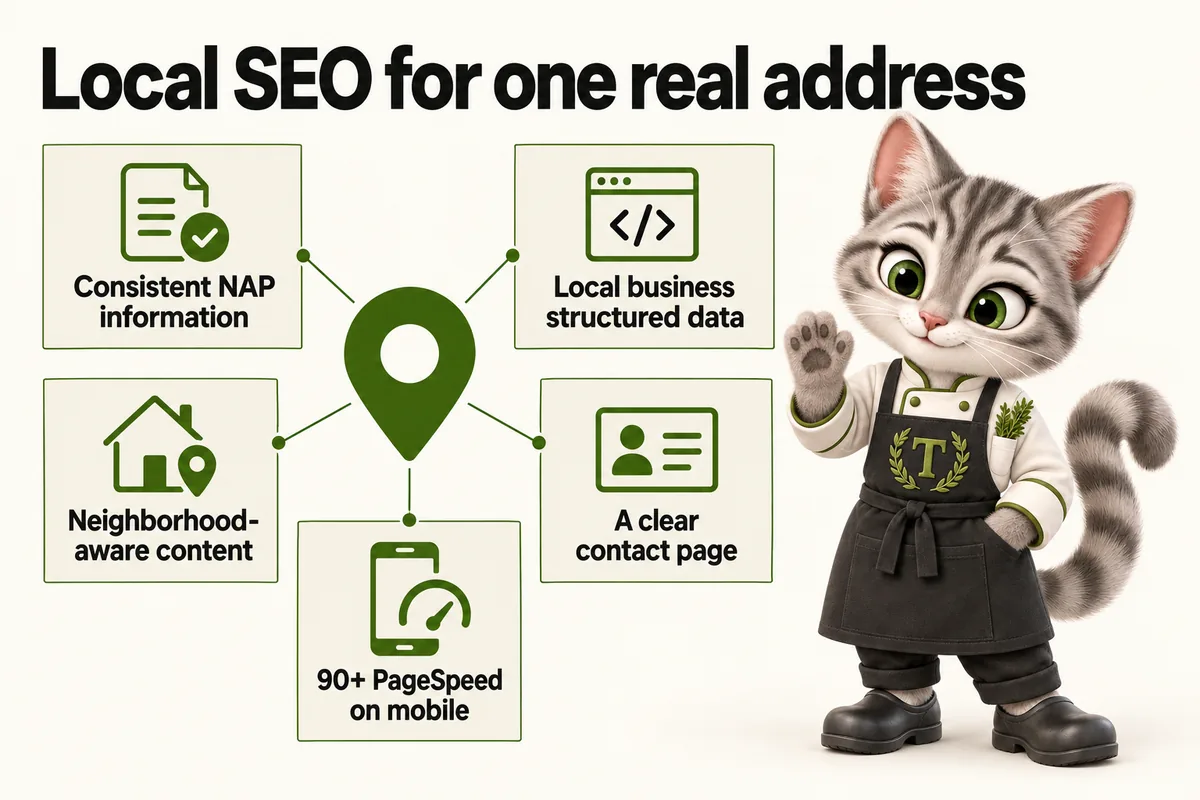 Infographic with Tansy, the MenuWebStudio kitten mascot: Local SEO for one real address. Consistent NAP information; Local business structured data; Neighborhood-aware content; A clear contact page; 90+ PageSpeed on mobile.