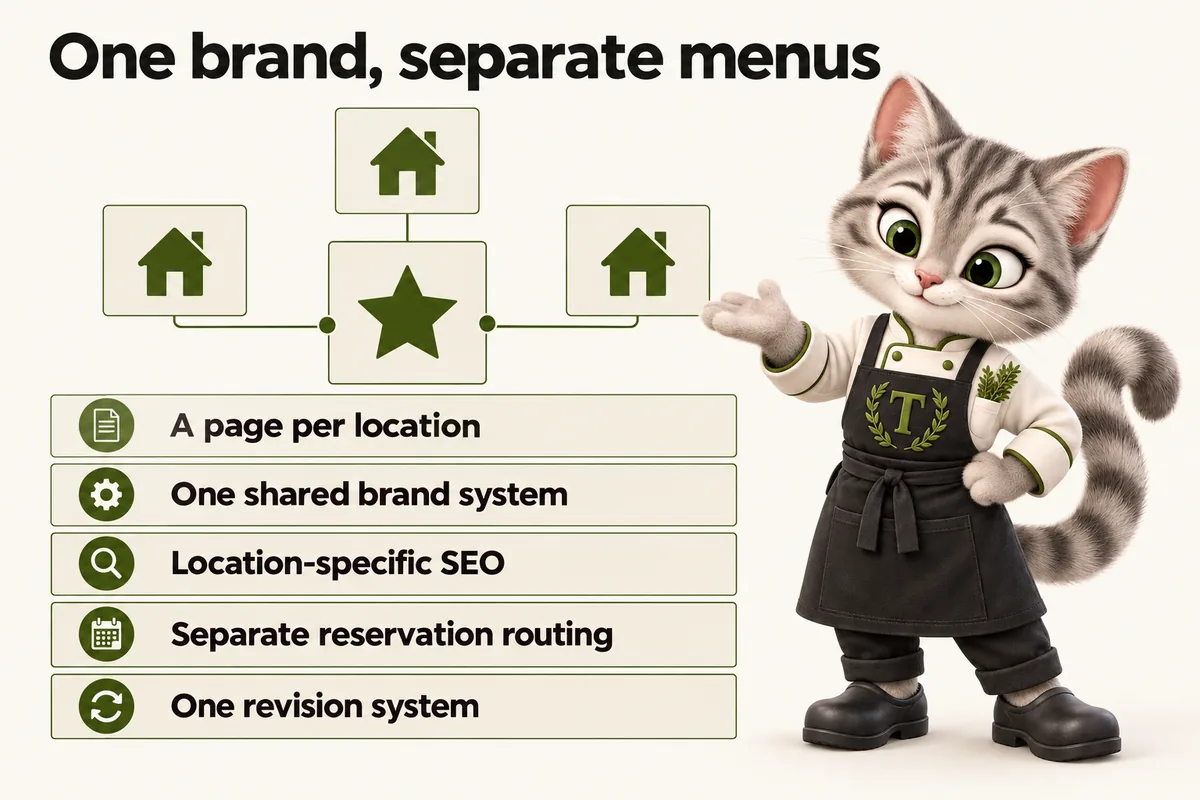 Infographic with Tansy, the MenuWebStudio kitten mascot: One brand, separate menus. A page per location; One shared brand system; Location-specific SEO; Separate reservation routing; One revision system.