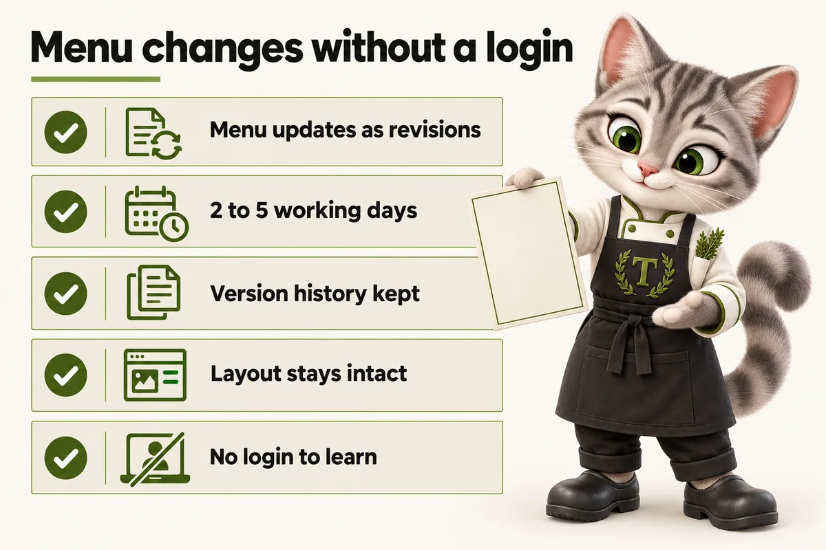 Infographic with Tansy, the MenuWebStudio kitten mascot: Menu changes without a login. Menu updates as revisions; 2 to 5 working days; Version history kept; Layout stays intact; No login to learn.