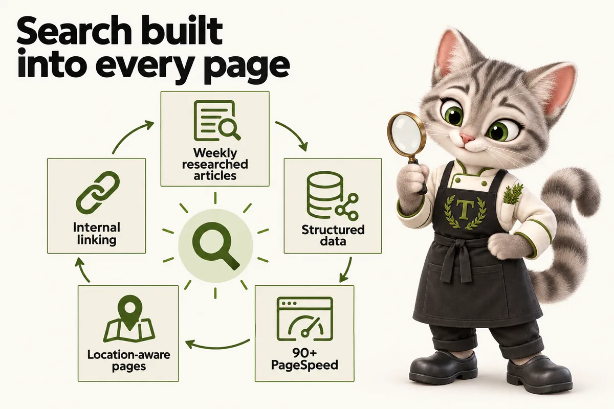 Infographic with Tansy, the MenuWebStudio kitten mascot: Search built into every page. Weekly researched articles; Structured data; 90+ PageSpeed; Location-aware pages; Internal linking.