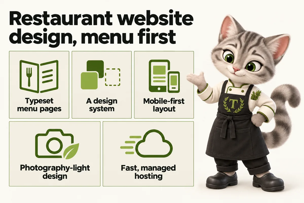 Infographic with Tansy, the MenuWebStudio kitten mascot: Restaurant website design, menu first. Typeset menu pages; A design system; Mobile-first layout; Photography-light design; Fast, managed hosting.