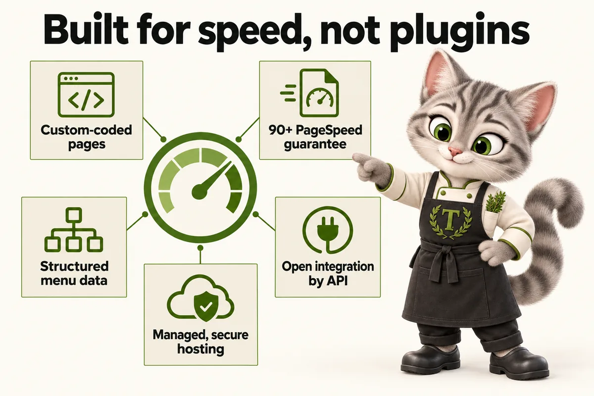 Infographic with Tansy, the MenuWebStudio kitten mascot: Built for speed, not plugins. Custom-coded pages; 90+ PageSpeed guarantee; Structured menu data; Open integration by API; Managed, secure hosting.
