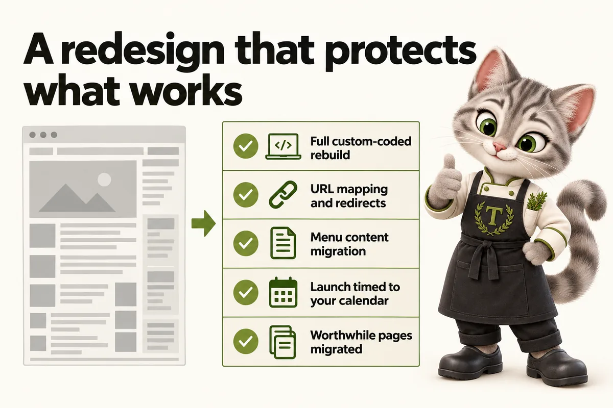 Infographic with Tansy, the MenuWebStudio kitten mascot: A redesign that protects what works. Full custom-coded rebuild; URL mapping and redirects; Menu content migration; Launch timed to your calendar; Worthwhile pages migrated.