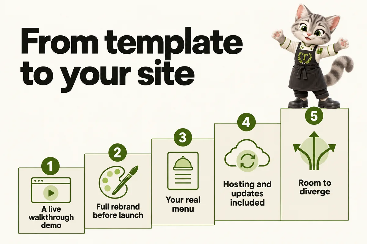 Infographic with Tansy, the MenuWebStudio kitten mascot: From template to your site. A live walkthrough demo; Full rebrand before launch; Your real menu; Hosting and updates included; Room to diverge.