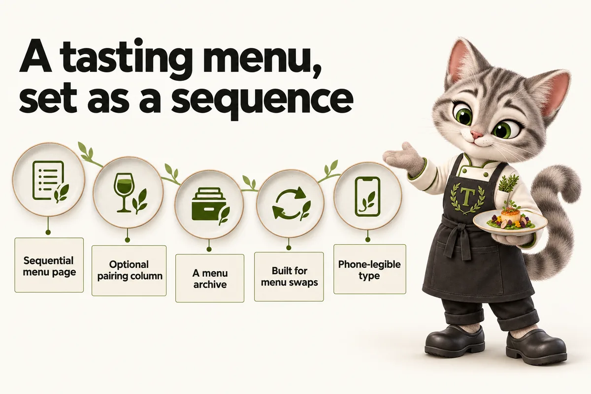 Infographic with Tansy, the MenuWebStudio kitten mascot: A tasting menu, set as a sequence. Sequential menu page; Optional pairing column; A menu archive; Built for menu swaps; Phone-legible type.