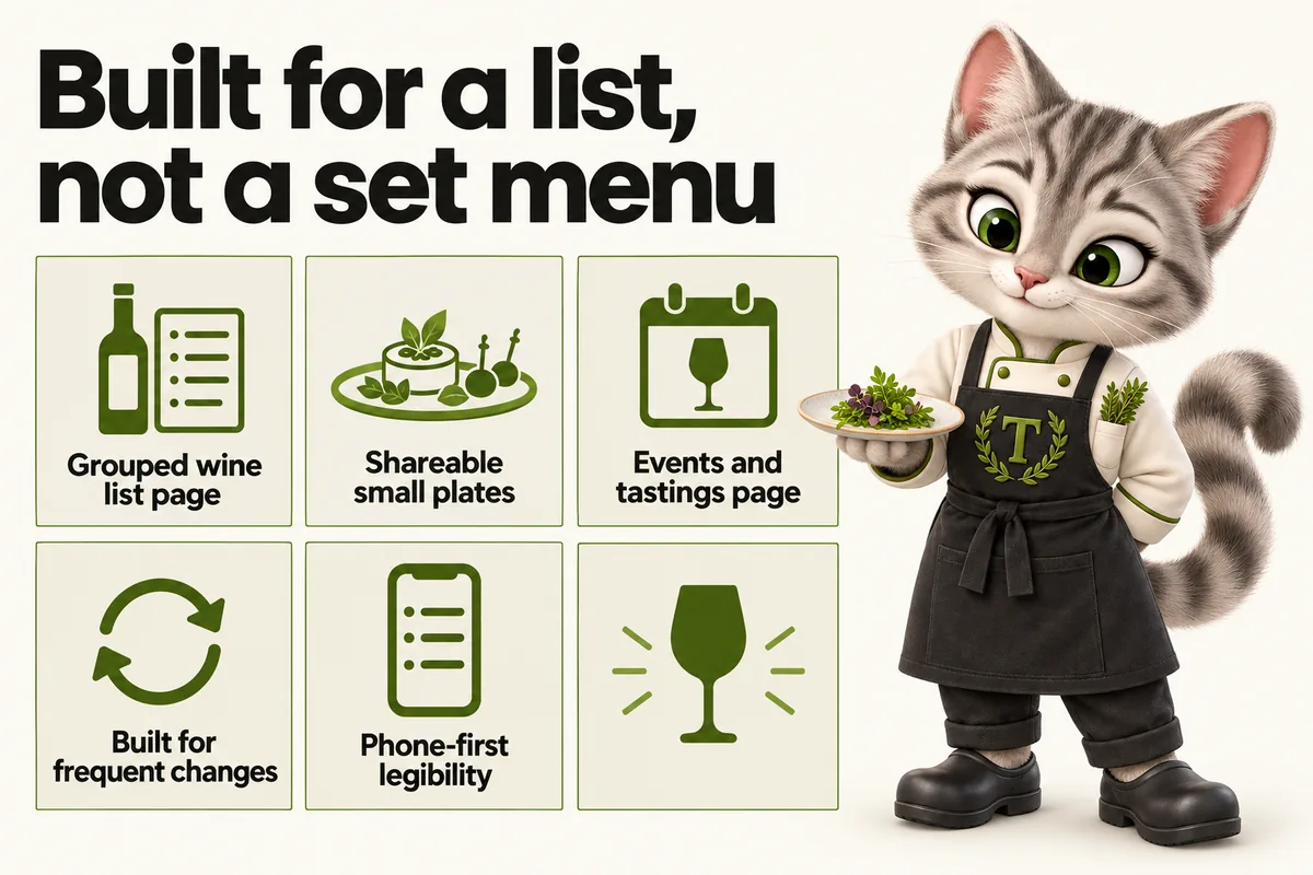 Infographic with Tansy, the MenuWebStudio kitten mascot: Built for a list, not a set menu. Grouped wine list page; Shareable small plates; Events and tastings page; Built for frequent changes; Phone-first legibility.