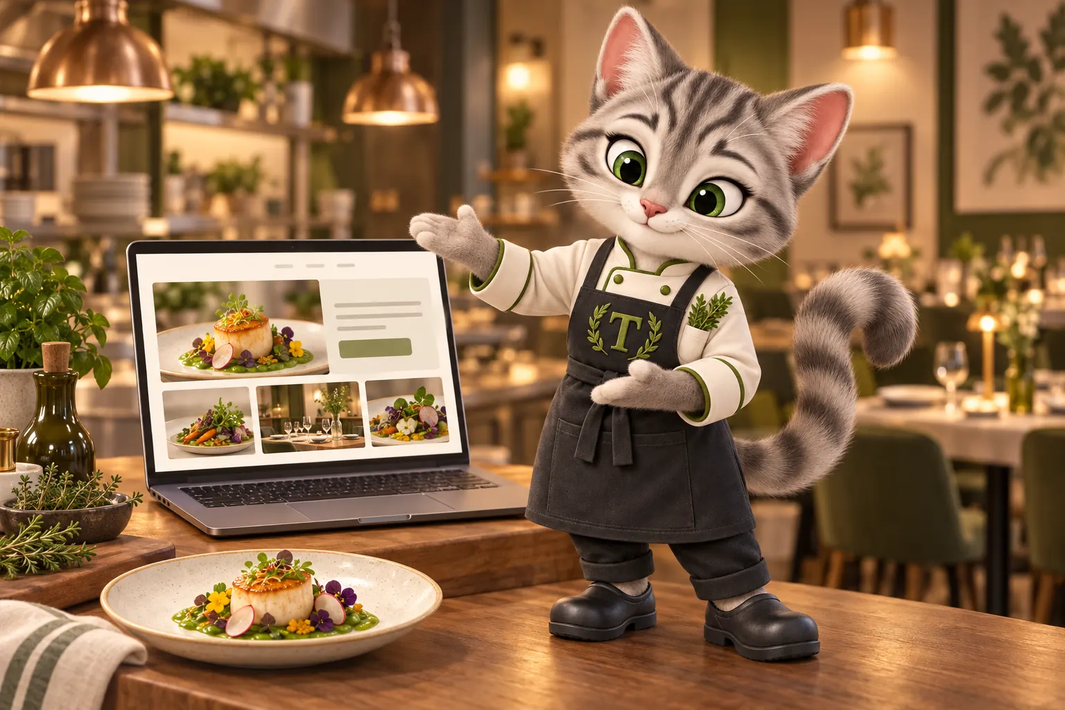 Tansy, the MenuWebStudio kitten mascot, pointing at a laptop on a chef's counter that shows a restaurant website layout