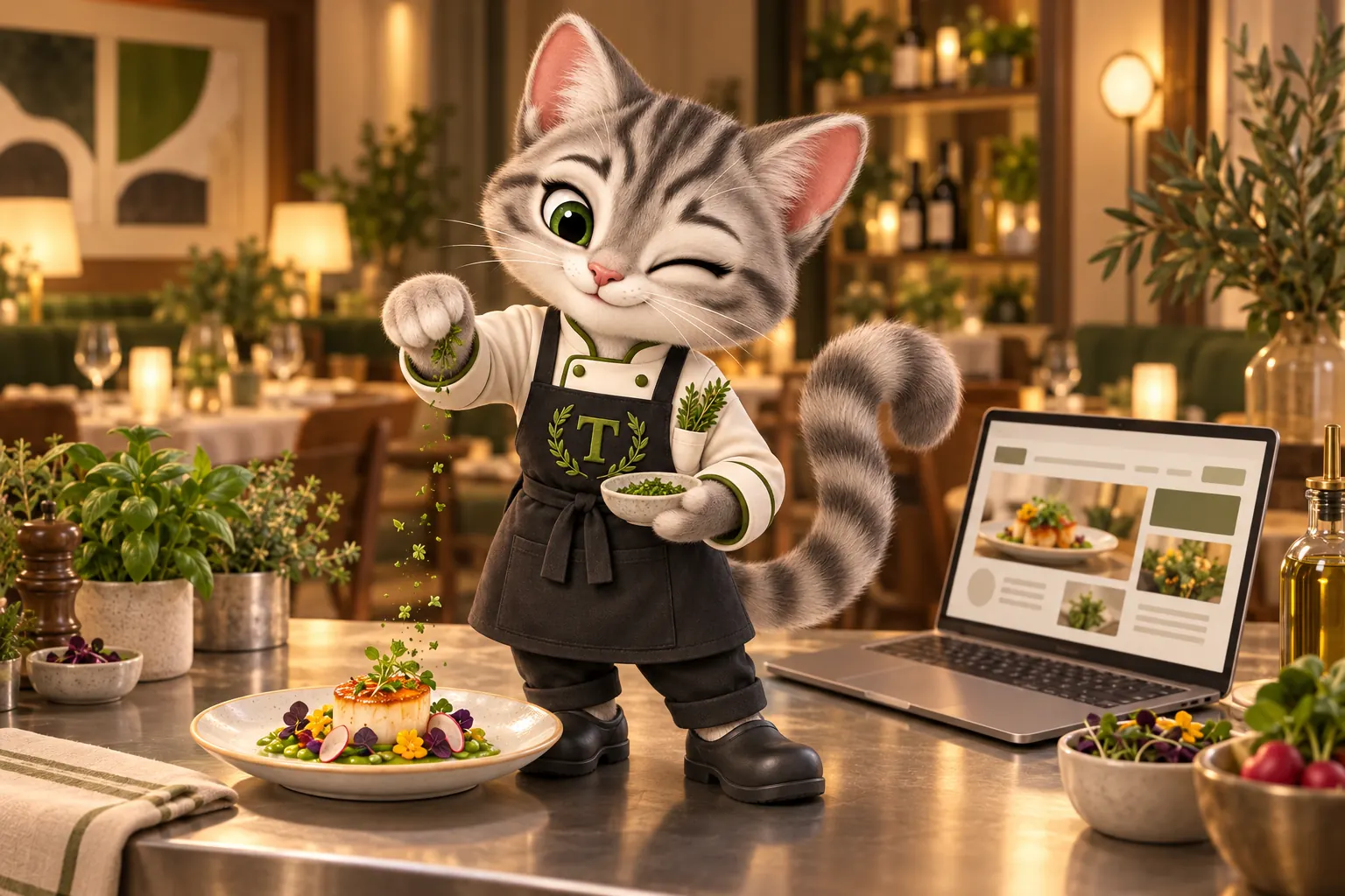 Tansy, the MenuWebStudio tabby kitten mascot, winking as she sprinkles herbs onto a small plated dish beside a laptop showing a restaurant web page