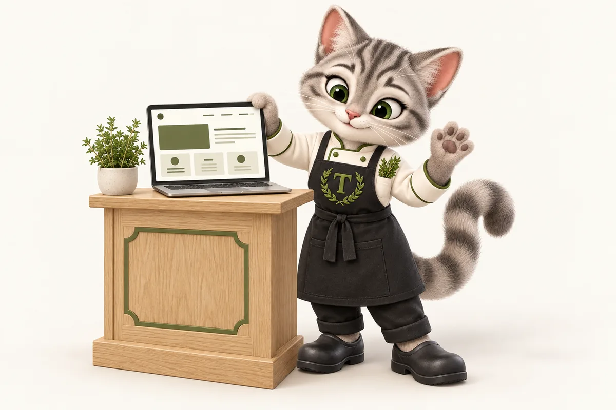 Tansy, the MenuWebStudio tabby kitten mascot in her chef jacket, waving hello beside a laptop showing a restaurant web page layout