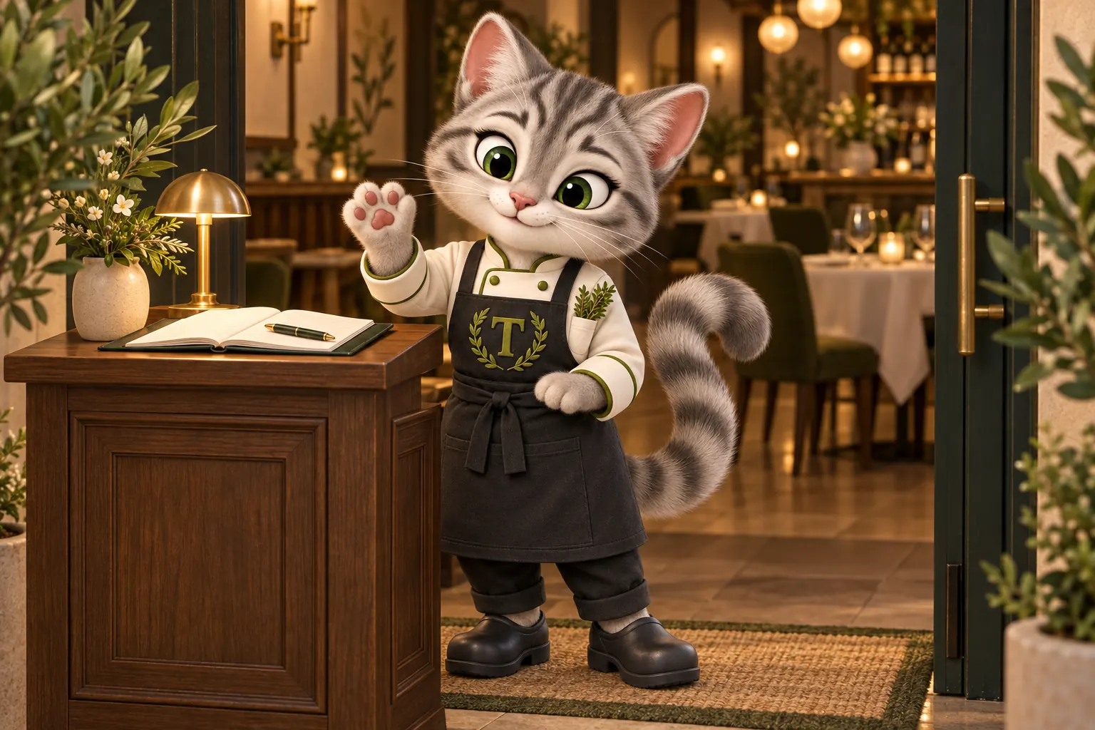 Tansy, the MenuWebStudio kitten mascot, waving hello beside a restaurant host stand with an open reservation book