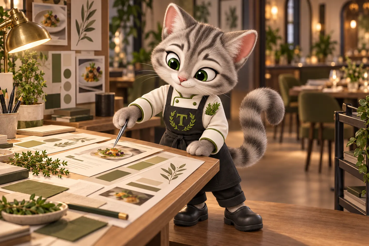 Tansy, the MenuWebStudio kitten mascot, using chef's tweezers to set a paper menu proof on a studio drafting table