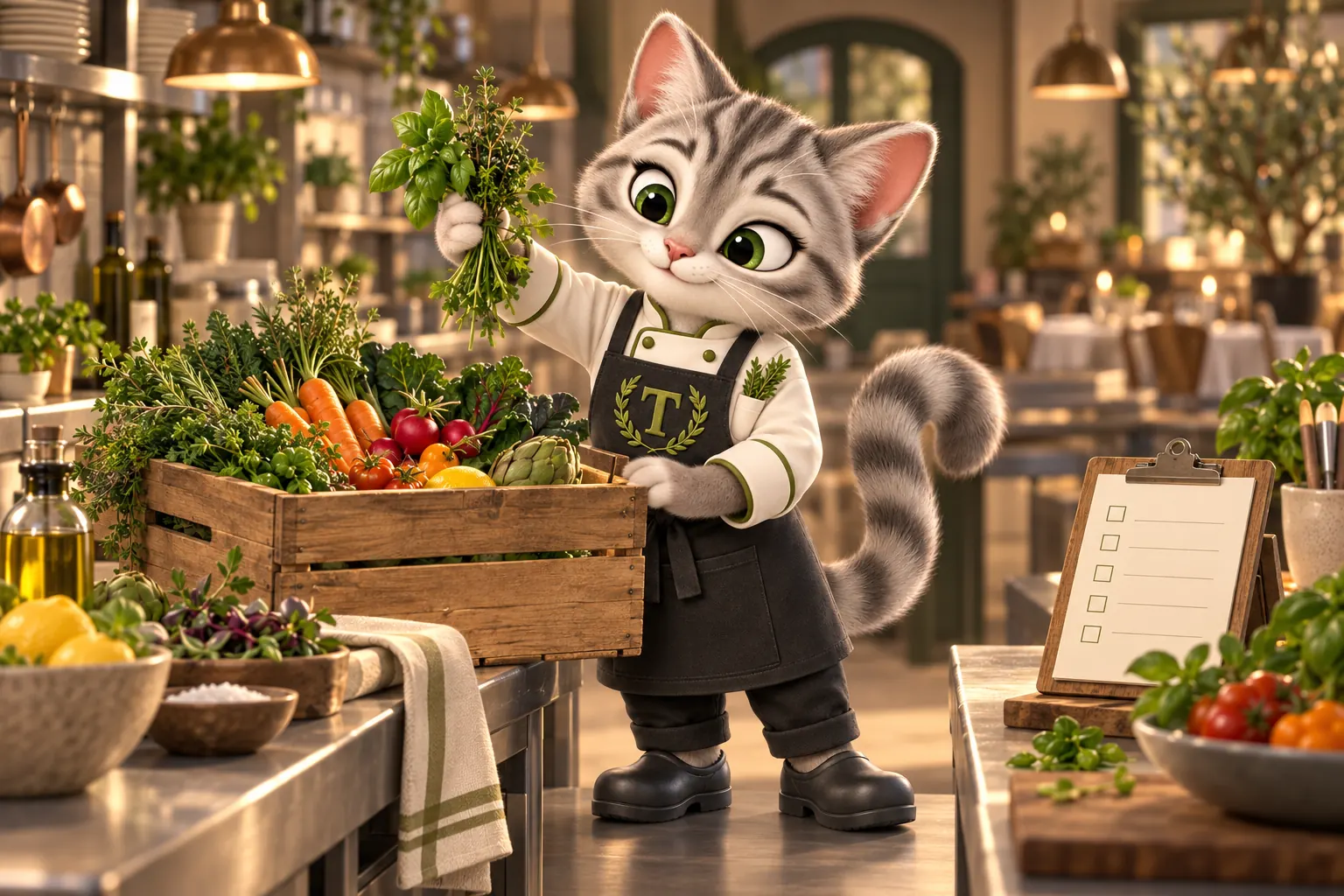Tansy, the MenuWebStudio kitten mascot, unpacking a crate of fresh herbs and vegetables beside a blank checklist